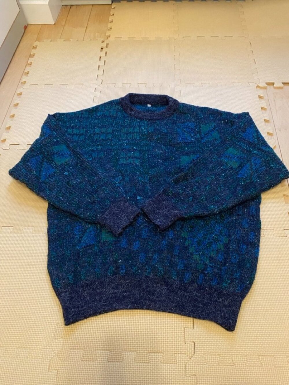 Vintage Blue Geometric Knit Sweater Chunky Crew Neck Size 52
